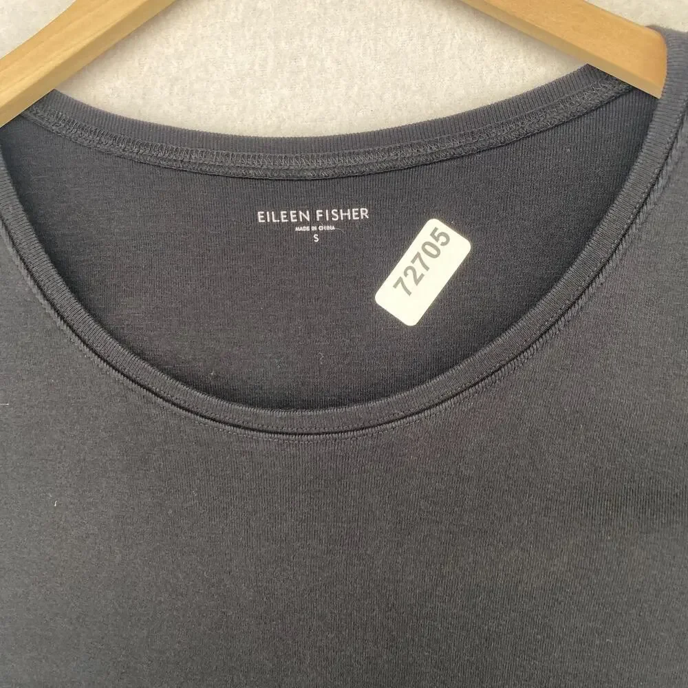 EILEEN FISHER Top S Organic Cotton Ribbed Jersey Scoop Neck Elbow Sleeve Black - Picture 9 of 9